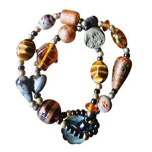 VTG 90s 7.5" Art Glass Lampwork Beaded Bracelet US Artisan Sun Moon Heart Fish